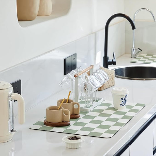Ohocut Checkered Dish Drying Mat for Kitchen Counter, Coffee Bar Station Accessories, Retro Cute Aesthetic Modern Absorbent Drainer Mat Kitchen Drying Mat Easy Clean, Sage 16" x 24" by Ohocut