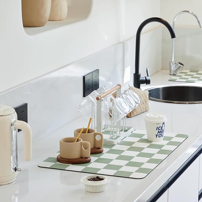 Ohocut Checkered Dish Drying Mat for Kitchen Counter, Coffee Bar Station Accessories, Retro Cute Aesthetic Modern Absorbent Drainer Mat Kitchen Drying Mat Easy Clean, Sage 12" x 19" by Ohocut