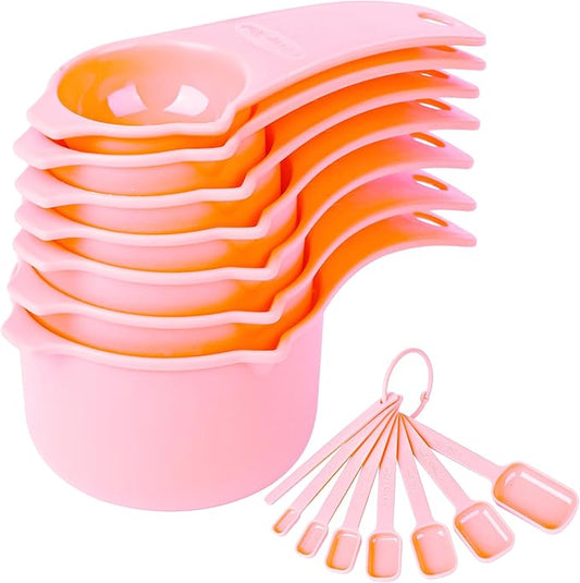 Measuring Cups and Spoons Set, Plastic Measuring Cup Set 15, Pink Dry Measure Cups Spoons, 7 Measuring Cups & 7 Spoons, Kitchen Measure Cup Spoons for Cooking & Baking