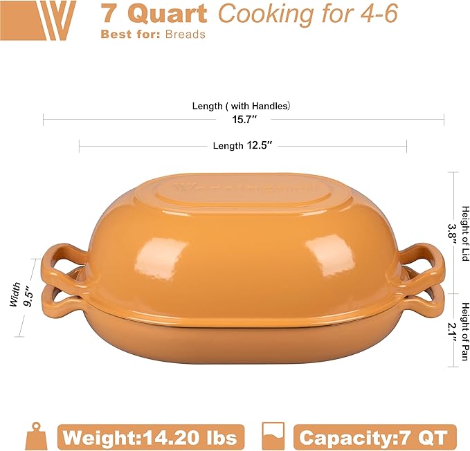VORRINGARD Enameled Cast Iron Sourdough Bread Oven, Dutch Oven, Loaf Cast Iron Bread Pan for Homemade Bread Baking, Meatloaf Pan with Lid, 7QT, Yellow - Image 2