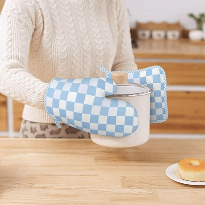 Oven Mitts and Pot Holders Set, Checkerboard Pattern Pastel Blue Silicone Kitchen Accessories 4 Piece Heat Resistant Long Gloves Potholder Non-Slip Grip for Chef Cooking Baking Grilling BBQ