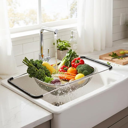Suwimut 2 Pack Over the Sink Oval Colander for Kitchen, Stainless Steel Fine Mesh 6 Quart Strainer Basket with Expandable Rubber Grip Handles for Straining, Draining, Rinsing Fruits, Vegetables - Image 4