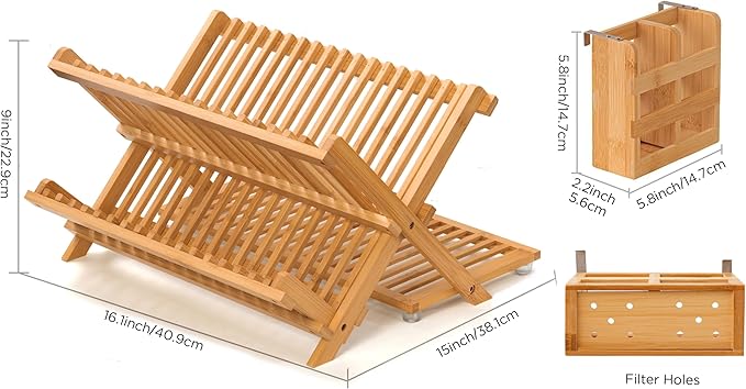 Bamboo Dish Drying Rack with Utensil Holder, 3 Tier Collapsible Dish Rack for Kitchen Counter, Large Folding Drying Holder, Dish Drainer, Kitchen Organizers and Storage