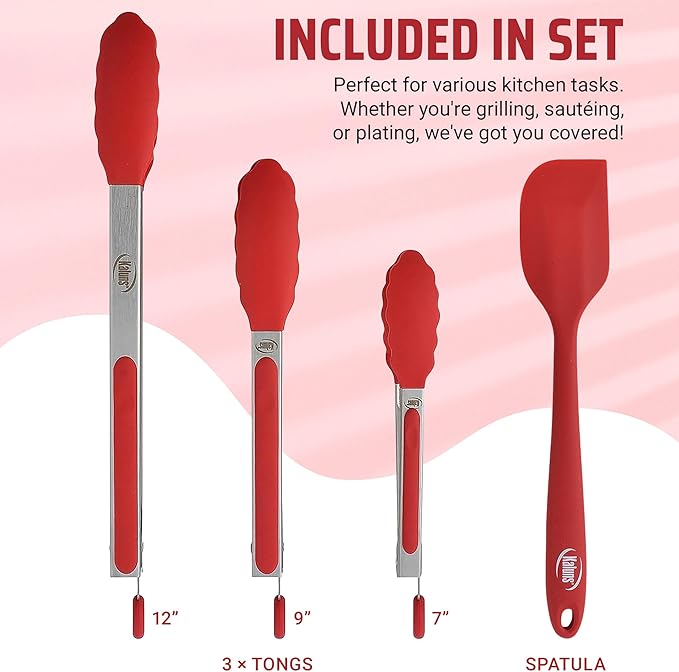 Kaluns Kitchen Tongs for Cooking Grilling Set of 4, BBQ Grill Tongs With Silicone Tip Stainless Steel Heat Resistant, Non-stick Pull Lock, Incl 7, 9, 12 Inch Tong Plus a Silicone Spatula - Image 2