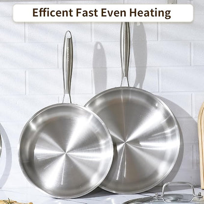 DELARLO Tri-Ply Stainless Steel Pan, 18/10 Frying Pan, Oven Safe Up to 600°F, Nontoxic Cookware, Compatible with All Cooktops Skillet, Durable, Fast Even Heat Fry Pan,12 inch Pan with Glass Lids - Image 4