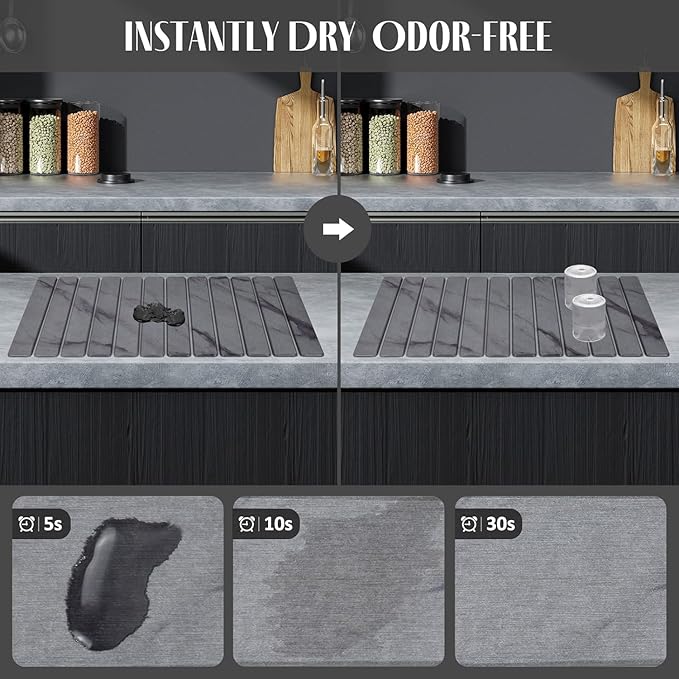 Extra Large Stone Dish Drying Mat for Kitchen Counter, 28"(L)×16"(W) Collapsible Quick Drying Dish Mats, Super Absorbent Drying Pad, Kitchen Counter Mats for Dishes, Bottles, Cups, Gray Mable - Image 2