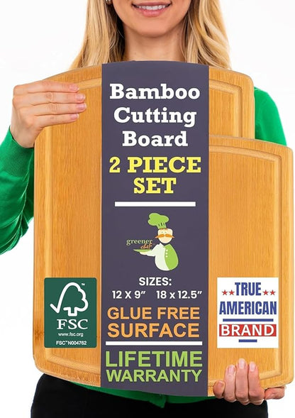 Extra Large Bamboo Cutting Board Set of 2 – Wood Cutting Boards for Kitchen with Glue-Free Surface™ & Juice Groove – Non-Toxic Wooden Chopping Boards, FSC-Certified, Durable Carving Boards by GreenerChef