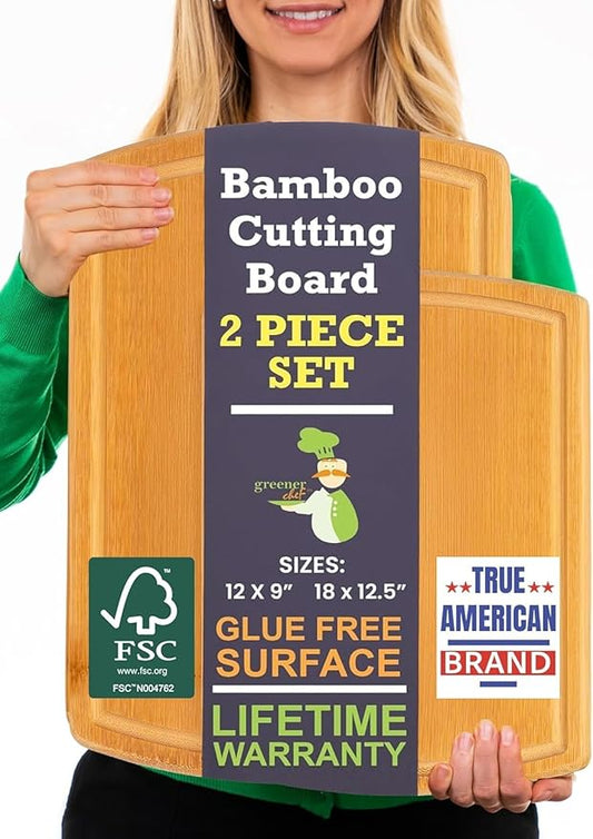 Extra Large Bamboo Cutting Board Set of 2 – Wood Cutting Boards for Kitchen with Glue-Free Surface™ & Juice Groove – Non-Toxic Wooden Chopping Boards, FSC-Certified, Durable Carving Boards by GreenerChef