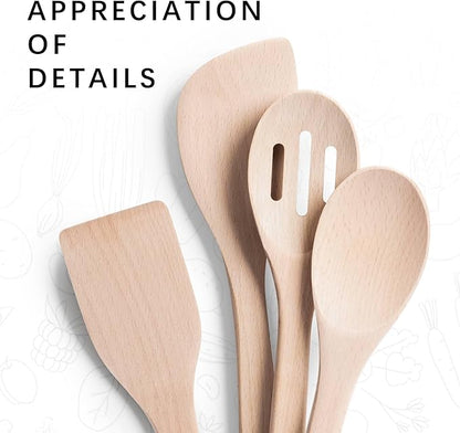 Wooden Spoons for Cooking, 4-Piece Wood Utensil Set Includes Slotted Spoon, Spoon & Wooden Spatula for Cooking – Uncoated Beech Wood Kitchen Utensil Set – 12 Inch Hardwearing Tools - Image 3