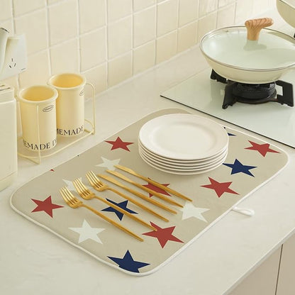 4th of July Dish Drying Mat 18 x 24 inch Independence Day Blue Red White Stars Patriotic Decorative Drying Mats Microfiber Absorbent Dish Washable Draining Mat for Kitchen Counter Decor