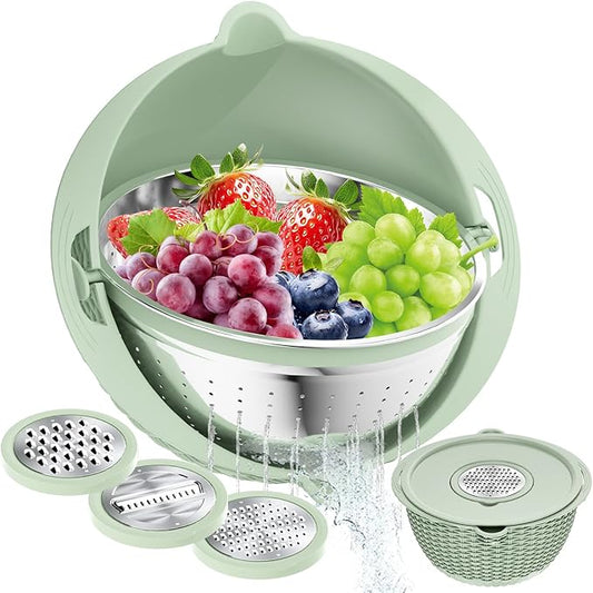4 in 1 Colander with Bowl Set, Food Strainers and Colanders, Colander for Kitchen, Pasta Strainer, Fruit Washing Bowl, Kitchen Essentials Strainer Basket Bowl, Green, Christmas & New Year Gifts by STOCKPOT