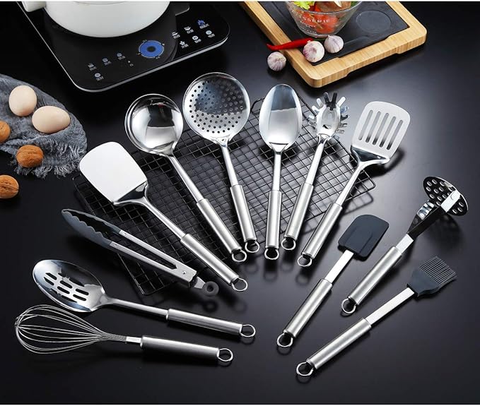 Berglander Cooking Utensil Set 13 Piece Stainless Steel Kitchen Tool Set with Holder, Include Cooking Spoon, Spatula, Whisk, Cooking Tong and etc. (13 Pieces) - Image 2