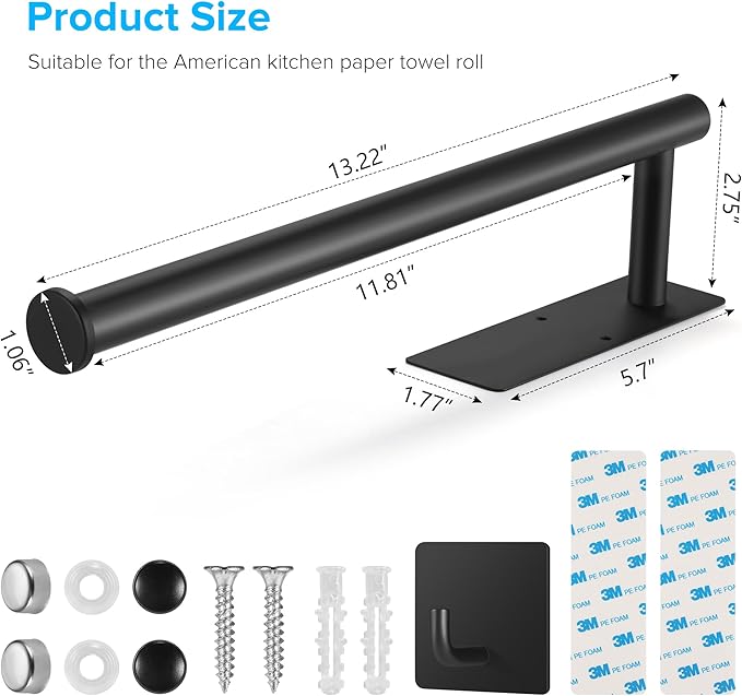 UREZORGEAR 2nd Gen Paper Towel Holder Under Cabinet No Drilling, [More Sturdy] Self Adhesive or Drilling Paper Towel Holder Wall Mount for Kitchen,RV [Fit Mega Paper Towel Roll] SUS304 Stainless Steel - Image 6