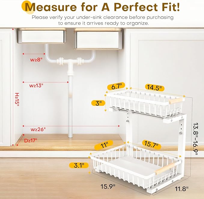 Under Sink Organizer, 2 Tier Pull Out Under-Sink Shelves, Adjustable Height (13.8" -16.9"), Sturdy Metal Storage Organizer for Bathroom Kitchen Pantry Cabinet (2 Packs, White) - Image 2