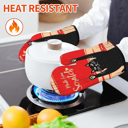 Funny Cat Oven Mitts and Pot Holders Sets Red Black Kitchen Decor Cute Cat Kitchen Accessories Funny Cat Gifts House Warming Birthday Cooking Gifts for Women (Red, Oven Mitts & Pot Holders)