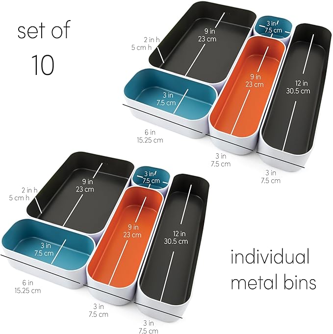 Three by Three Seattle 10 Piece Metal Organizer Tray Set for Storing Makeup, Stationery, Utensils, and More in Office Desk, Kitchen and Bathroom Drawers (2 Inch, Multicolor) - Image 3