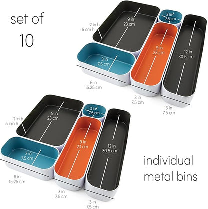 Three by Three Seattle 10 Piece Metal Organizer Tray Set for Storing Makeup, Stationery, Utensils, and More in Office Desk, Kitchen and Bathroom Drawers (2 Inch, Multicolor) - Image 3