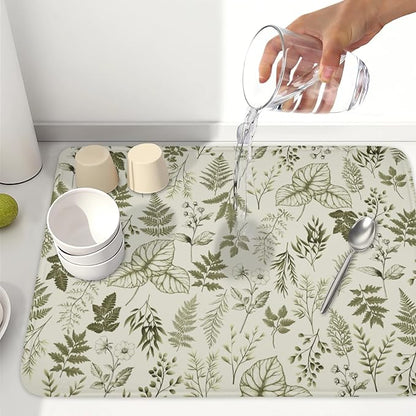 Vintage Botanical Floral Dish Drying Mat for Kitchen Counter Sage Green Herbs Fern Leaves Plant Microfiber Dish Drainer Mat Absorbent Washable Drying Pad Extra Large 18"x24"