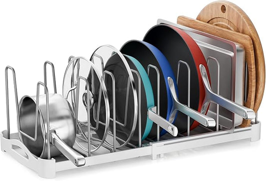 EVERIE Adjustable Bakeware Organizer Pot Lid Holder Rack for Pots, Cake Molds, Cutting Boards, Mats, Cookware, GS02SS, 7.7'' Deep by 12.6'' to 21.5'' Wide by EVERIE