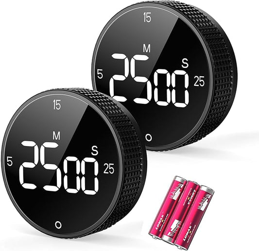 Digital Kitchen Timer, Large Display Magnetic Countdown Countup Timer, 3 Preset Times (5, 15, 25),Volume & Brightness Adjustable for Cooking Classroom Studying, Easy for Kids (Black,2Pcs) by SmartTimingforEveryMoment