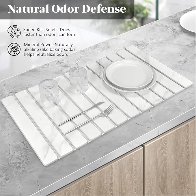 Large Stone Dish Drying Mats for Kitchen Counter, 28"(L)×16"(W) Marble-Pattern, Fast Drying Collapsible Dish Drying Mat, Eco-Friendly Absorbent Diatomaceous Earth Mats for Match Countertop - Image 3