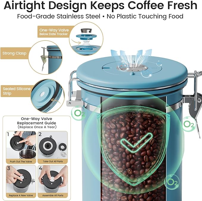 Veken Coffee Canister with Window, Airtight Stainless Steel Kitchen Food Storage Container with Lids, Date Tracker and Scoop for Grounds Coffee, Beans, Tea, Flour, Cereal, Sugar Jars, 22OZ, Blue - Image 5