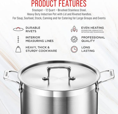 Stainless Steel Stockpot with Lid 12 Quart, Durable 18/8 Stainless Steel, Impact-Bonded Base for Even Heating, Riveted Handles, Oven & All Stove Compatible, Safe Up To 500°F (260°C) - Image 7