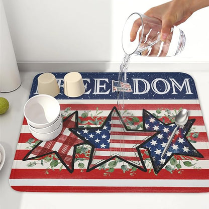 4th of July Dish Drying Mat 18x16 Inch, Patriotic Drying Mat with Absorbent Reversible Microfiber, Independence Day Dish Drainer Mats Memorial Day Rack Pad for Coffee Countertop Kitchen Protector