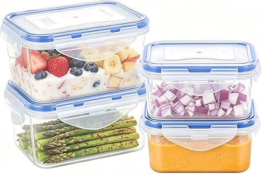 KIGI Small Food Storage Containers with Airtight Lids, Leakproof for Snack, Fruit, Lunch, Meal Prep, Portion Control, BPA-Free Plastic, 4-Sided Locking Lids (2.1 Cup *2 + 0.75 Cup *2 8-Piece Set)