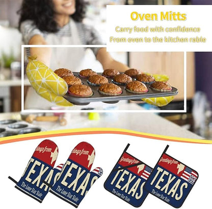 Oven Mitts and Pot Holders Sets of 4,Texas Lone Star State Retro US,Oven Mitts Heat Resistant Oven Gloves Set Potholders for Kitchen Baking Grilling
