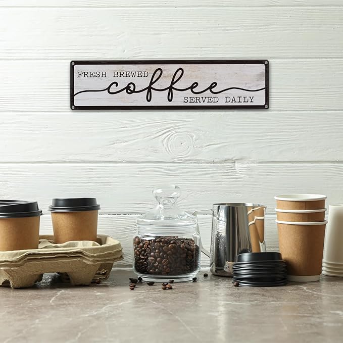 Coffee Metal Tin Signs, Fresh Brewed Coffee Served Daily Sign, Coffees Decoration for Cafe Bar Coffees Station, Kitchen, Restaurant, Hotel, Decorative Metal Wall Signs 15.8x4 Inches - Image 4