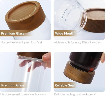 6-Pack 8 fl oz Stackable Airtight Glass Jars (with Acacia Wood Lids + Sticker Labels) – Small Mason Jars designed for overnight oats, spices, dry goods, and kitchen organization.
