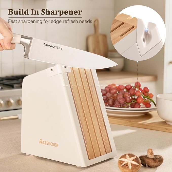 Astercook Knife Set, Kitchen Knife Set with Block and Sharpener, 12 Pcs Ultra-Sharp High Carbon Stainless Steel Knife Block Set with Non-Slip Full Tang Ergonomic Handle, Cream White Mothers Day Gifts