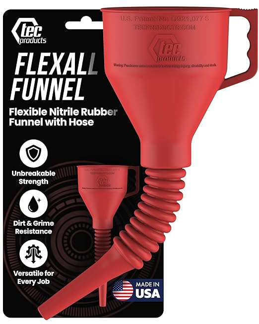 TEC Products FlexAll Long Flexible Funnels - Automotive Oil Funnel with Hose, Durable Nitrile Rubber for Oil Change, Transmission Funnel Fluid, Diesel, Fuel, Gas - Made in USA - Red (16 x 5 Inches) by TECProducts
