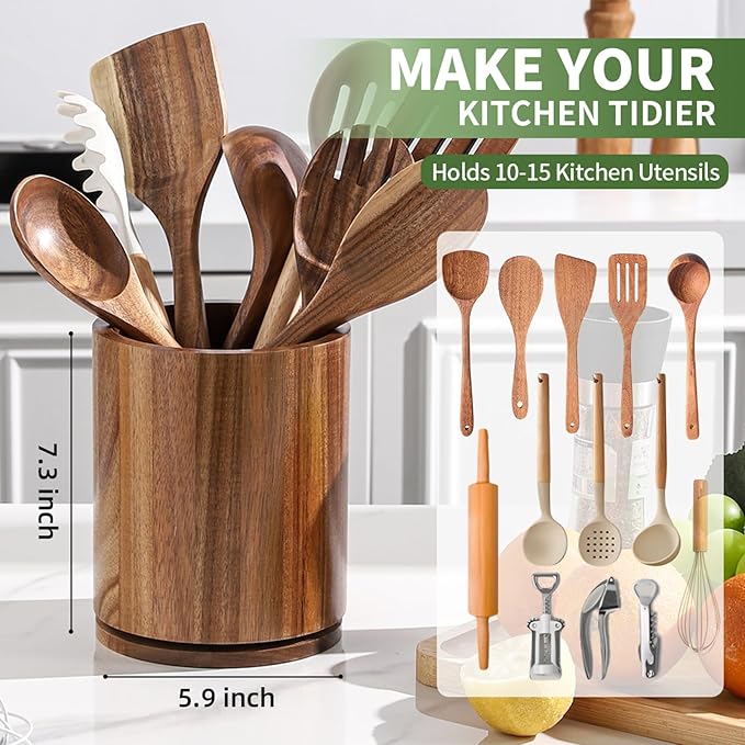 Wooden Utensil Holder, 360°Rotating 7.3'' Large Utensil Holder for Kitchen Counter, Kitchen Utensil Organizer, Utensil Crock, Farmhouse Kitchens Countertop Decor, Acacia Wood - Image 3