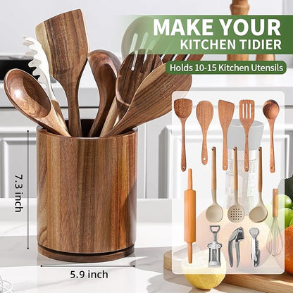 Wooden Utensil Holder, 360°Rotating 7.3'' Large Utensil Holder for Kitchen Counter, Kitchen Utensil Organizer, Utensil Crock, Farmhouse Kitchens Countertop Decor, Acacia Wood - Image 3