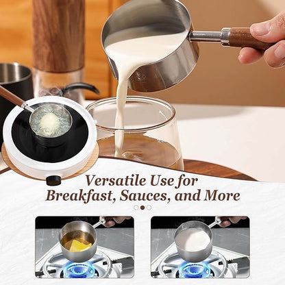 Mini Sauce Pan 250ml, Stainless Steel Butter Warmer with Wooden Handle and Dual Pour Spouts, Small Milk Pan for Melting Butter, Heating Milk, Coffee, Sauce, Chocolate