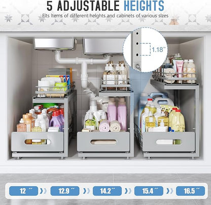 Under Sink Organizer Upgrade To Professional Rails,2-Tier Dual Pull Out Cabinet Storage,Height Adjustable Slide Out Drawers For Bathroom Kitchen,2 Pack-21"Dx12.8"-16.9"H,Gun Gray - Image 6