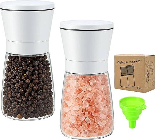 R DRURLCD White Salt and Pepper Grinder Set of 2, Manual Ceramic Spice Mills with Stainless Steel & Glass Body, Adjustable Grinding for Kitchen Decor & Gifts