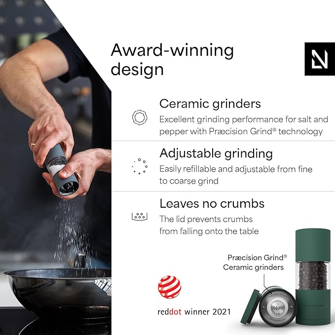 LARS NYSØM Salt and Pepper Grinder Set, Manual Salt and Pepper Mills with Adjustable Ceramic Grinder, Design Spice Shaker Set (Pine Green) - Image 2