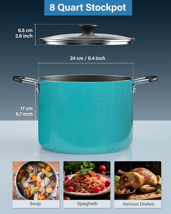 Cook N Home Nonstick Stockpot with Lid 8-Quarts, Professional Cooking Soup Pot, Canning Cookware, Turquoise - Image 2