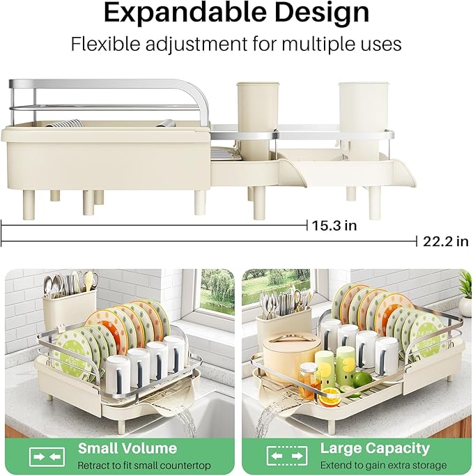 SAYZH Dish Drying Rack - Expandable Dish Rack for Kitchen Counter, Rust-Resistant Dish Drainer with Utensil Holder and Raised Guardrail, Kitchen Organizer for Cup and Bottle (Beige) - Image 2