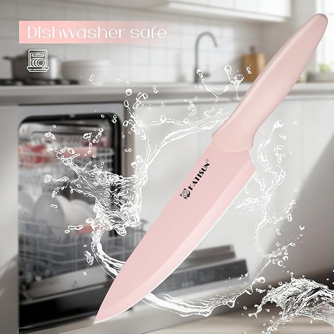 Knife Set, 15 Pieces Knives Sets for Kitchen with Block, Dishwasher Safe Kitchen Knife Set with Built in Sharpener Block, German High Carbon Stainless Steel Knife Block Set with Pink Nonstick Coating - Image 5