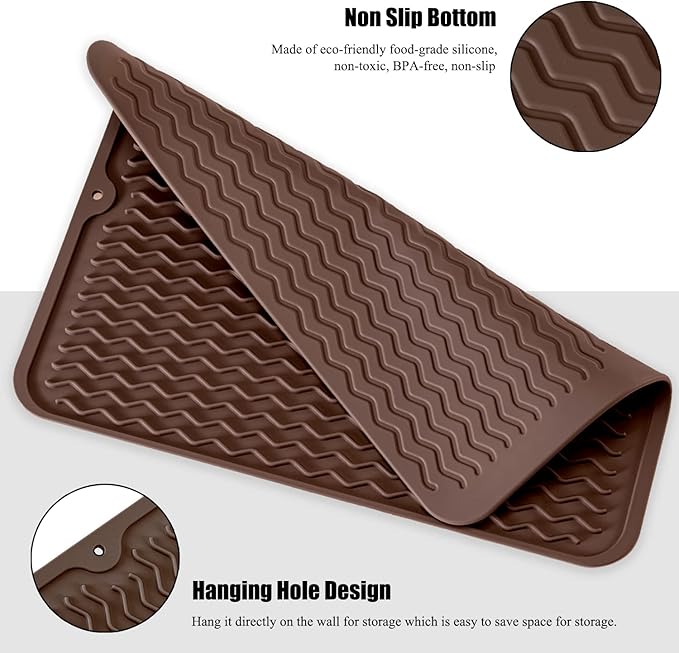 Silicone Dish Drying Mat, Non-Slip Easy Clean Sink Mat Large Heat-resistant Dish Drainer Mat for Kitchen Counter, Sink, Refrigerator or Drawer liner (16" x 12", COFFEE) - Image 4