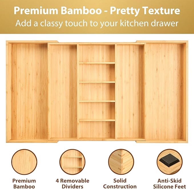 Umilife Extra Large Expandable Kitchen Drawer Organizer for Utensil and Junk, 19" Deep for Big Drawer, 19" to 33" Adjustable Bamboo Wood Drawer Divider, Cutlery Tray, Flatware Holder - Image 3