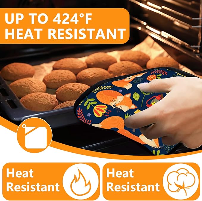 Cute Fox Oven Mitts and Pot Holders Sets 4Pcs,Extra Long Oven Gloves Potholder for Kitchen Cooking Baking BBQ 100% Cotton Heat Resistant - Image 4