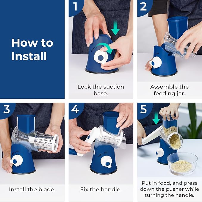 X Home Rotary Cheese Grater for Kitchen, Shredder with 3 Interchangeable Blades, Rotary Grater with Handle and Strong Suction Base, for Vegetables, Fruit, Nuts, Easy to Use and Clean, Dark Blue - Image 6