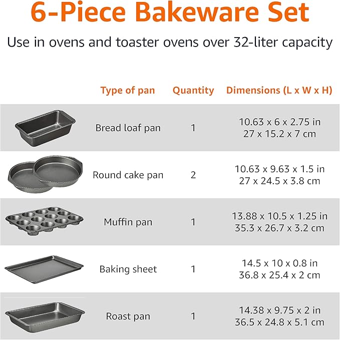 Amazon Basics 6 Piece Nonstick Carbon Steel Bakeware Set with Cake, Muffin, Cookie, and Loaf Pans, Easy Release, Oven Safe, 16.25 x 11.75 x 6.25 inches - Image 4