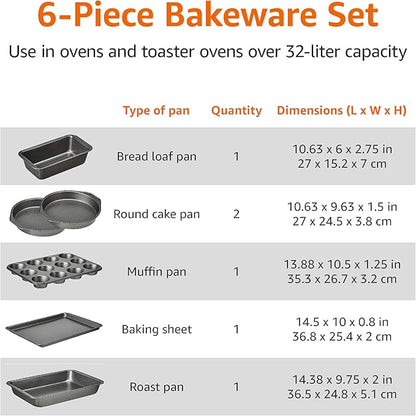 Amazon Basics 6 Piece Nonstick Carbon Steel Bakeware Set with Cake, Muffin, Cookie, and Loaf Pans, Easy Release, Oven Safe, 16.25 x 11.75 x 6.25 inches - Image 4