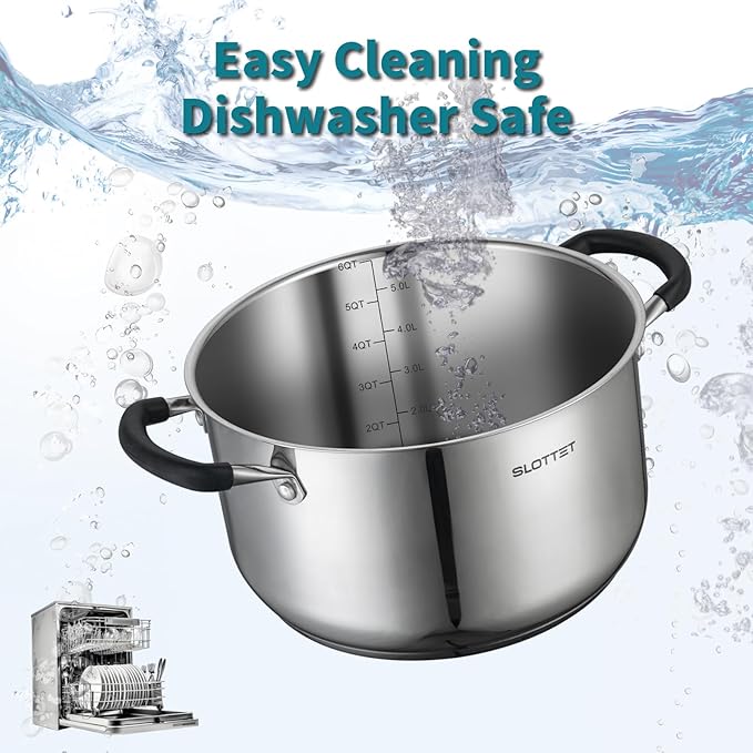 SLOTTET Stainless Steel 8 Quart Stock Pot with Steamer,8 Qt Deep Soup Pot for cooking,Multipurpose Stockpot with silicone Stay-cool Handle.Dishwasher and Oven Safe,Induction Stainless Steel Cookware